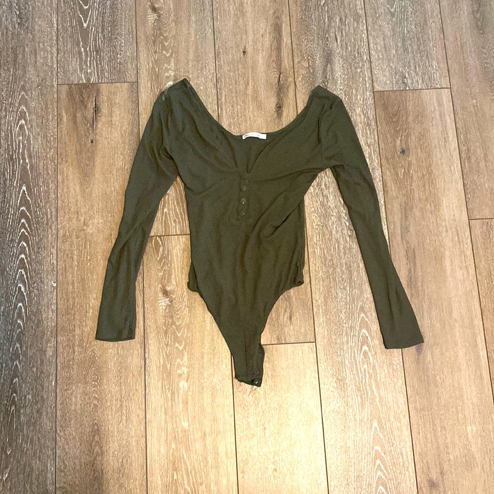 Olive Green off the Shoulder button down body suit size Sm